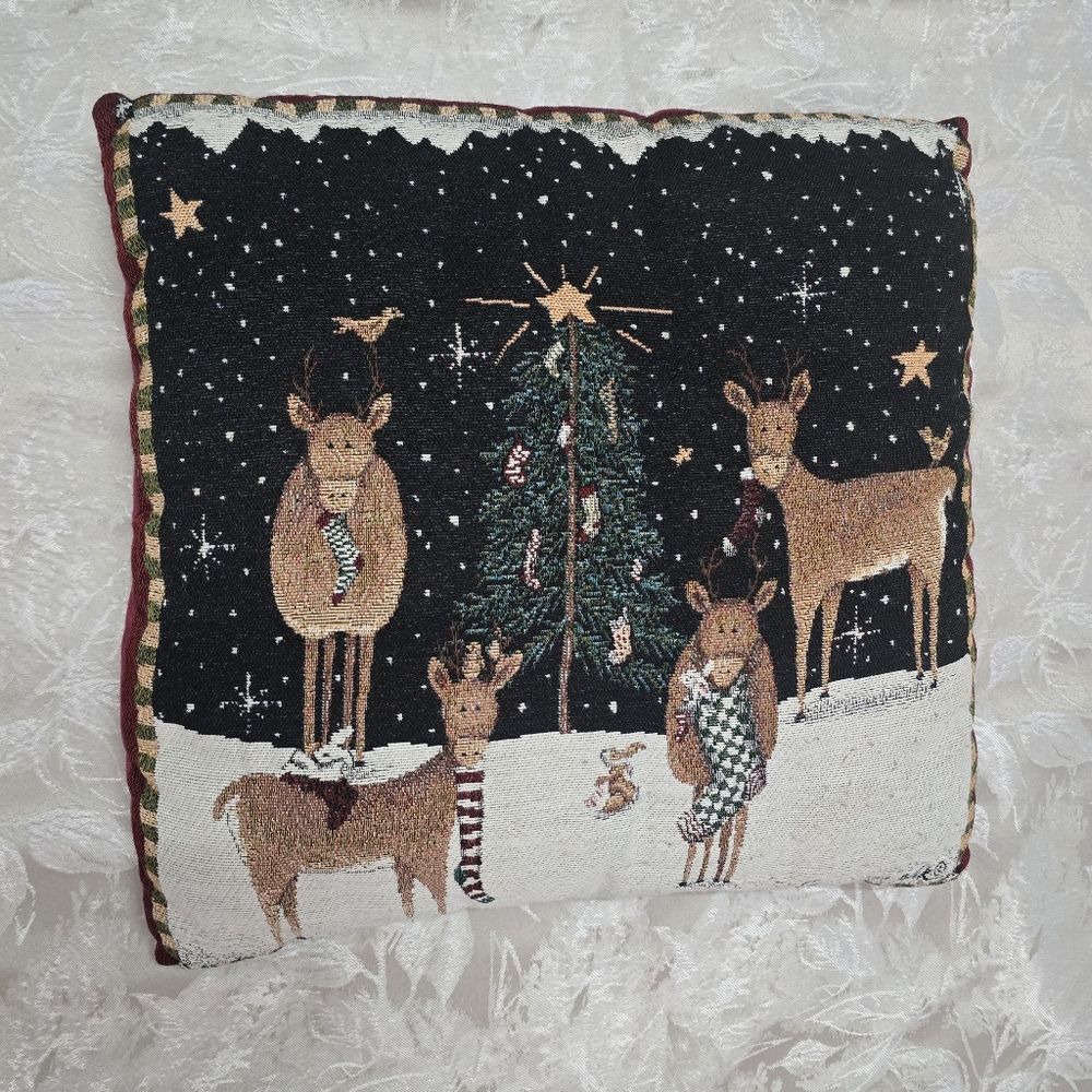 Vintage Christmas Tapestry Pillow Valerie Evers Wenk Reindeer 16x16 Embroidered